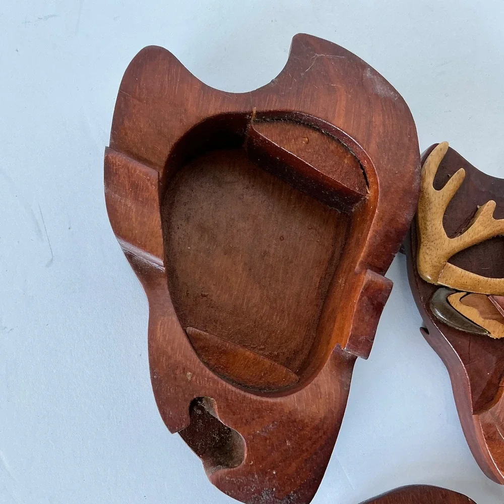 Vintage Buck Head Puzzle‎ Box Wooden Intarsia Deer Trinket Hidden Compart